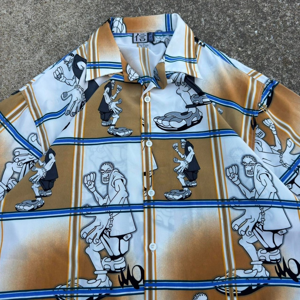Vintage Y2K Trust Character Graphic Button Up Shirt Brown Blue XL (g4b)